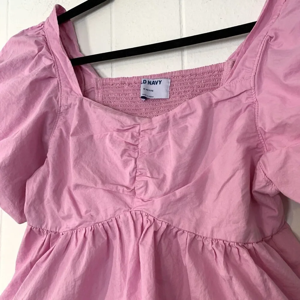 Old Navy Womens‎ Medium P Shirt Crop Coquette Milkmaid Puff Sleeve Smocked Pink